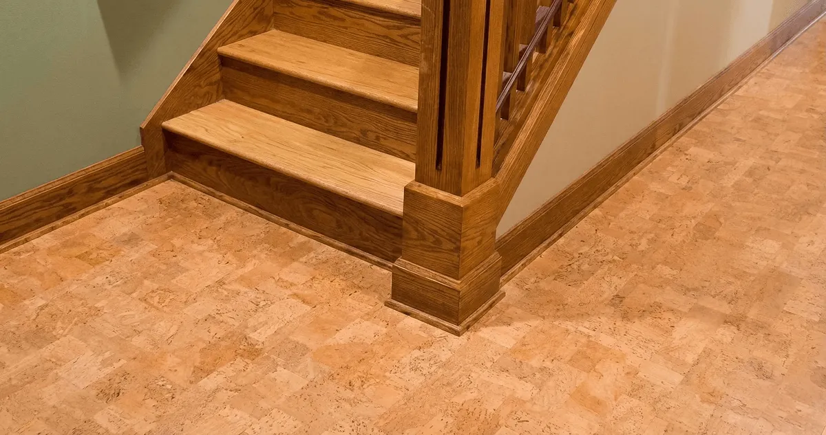 End of a staircase with cork flooring in Boca Raton, FL