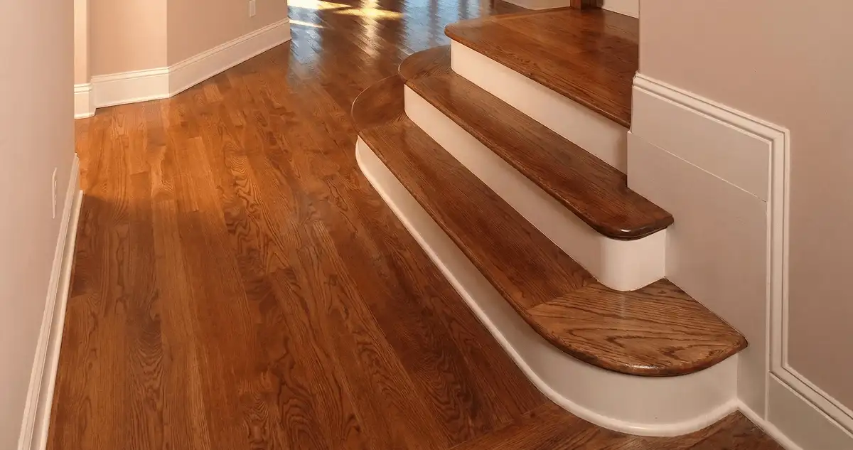 Base floor of a staircase with professionally restored wood flooring in Boca Raton FL