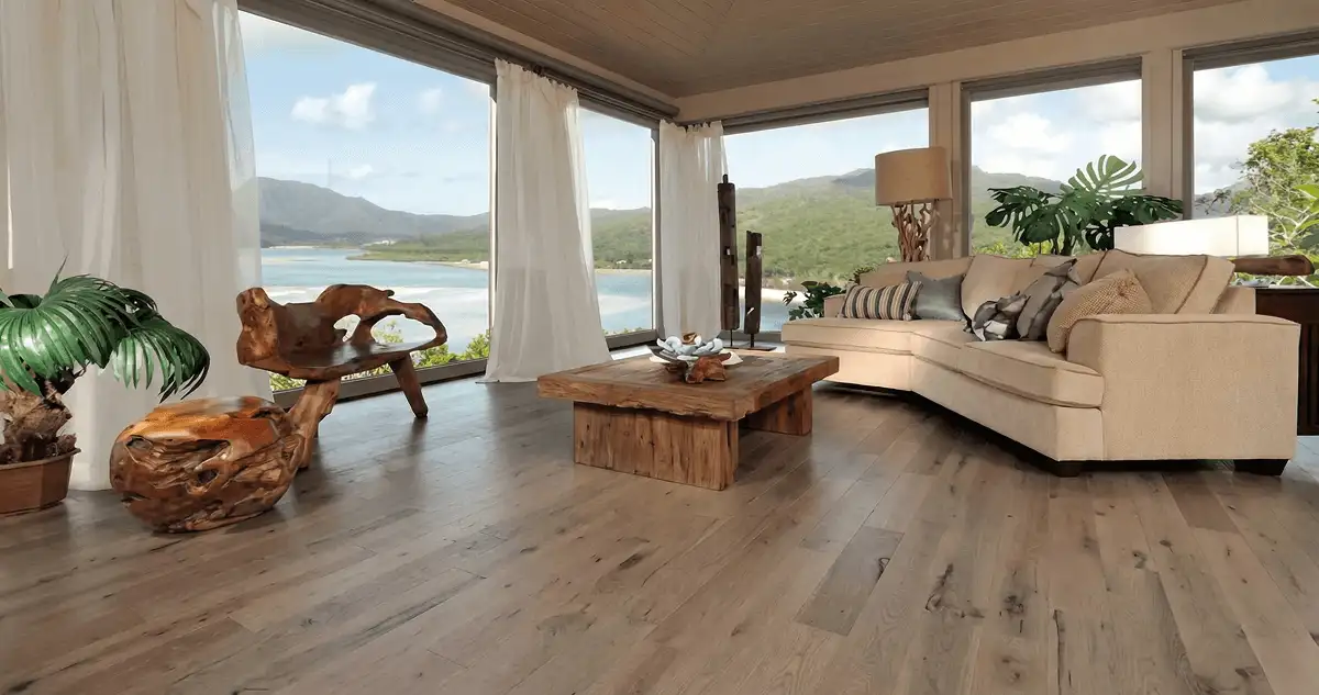 Professionally installed vinyl flooring in a modern living room with large windows in Boca Raton, FL